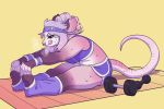  absurd_res accessory anthro bodily_fluids clothed clothing didelphid dumbbell facial_piercing female hair headband hi_res mammal marsupial nose_piercing piercing septum_piercing sitting solo sweat takiminada tongue tongue_out weights yoga 