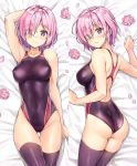 1girl alternate_costume arm_behind_head ass ass_visible_through_thighs bangs bare_shoulders bed_sheet black_legwear blush breasts closed_mouth collarbone commentary_request competition_swimsuit covered_navel covered_nipples cowboy_shot dakimakura eyebrows_visible_through_hair fate_(series) flower from_above groin hair_over_one_eye highleg highleg_swimsuit highres kotatsu_(kotatsu358) large_breasts lavender_hair looking_at_viewer lotus lying mash_kyrielight multiple_views on_back on_stomach one-piece_swimsuit petals purple_eyes short_hair skindentation swimsuit thigh_gap thighhighs wet 