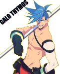  blue_eyes blue_hair character_name chest die galo_thymos gloves hand_on_hip male_focus open_mouth pants polearm promare shirtless smile spiked_hair weapon white_background 