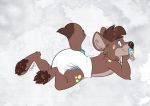  2019 anthro blue_eyes brown_fur brown_hair canid canine canis cub diaper dracky fur furgonomics hair looking_at_viewer lying mammal pacifier pawpads paws solo young 