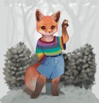  canid canine clothed clothing daria_arbuz detailed_background dipstick_tail fox gesture hi_res mammal multicolored_tail smile solo standing v_sign 