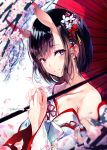  1girl bangs bare_shoulders black_hair blurry blurry_foreground blush closed_mouth collarbone commentary_request depth_of_field eyebrows_visible_through_hair fallen_heaven fate/grand_order fate_(series) flower hair_flower hair_ornament hands_up highres holding holding_umbrella horns japanese_clothes kimono long_sleeves looking_at_viewer off_shoulder oni oni_horns oriental_umbrella petals pink_flower purple_eyes red_flower red_rose red_umbrella rose shuten_douji_(fate/grand_order) smile solo torii tree_branch umbrella upper_body white_background white_flower white_kimono wide_sleeves 