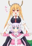  2girls :d :o absurdres bangs blonde_hair blue_eyes blunt_bangs blush breasts dragon_girl dragon_horns dragon_tail eyebrows_visible_through_hair fang gloves gradient_hair grey_background heart highres holding_hands horns kanna_kamui kobayashi-san_chi_no_maidragon large_breasts lavender_hair long_hair looking_at_viewer low_twintails maid_headdress multicolored_hair multiple_girls open_mouth outstretched_arms pink_hair puffy_short_sleeves puffy_sleeves red_eyes red_neckwear short_sleeves simple_background slit_pupils smile tail tming tooru_(maidragon) twintails white_gloves 