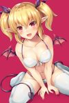  1girl :d bare_arms bare_shoulders between_legs bikini blonde_hair blush breasts cleavage collarbone commentary_request demon_girl demon_tail demon_wings fang front-tie_bikini front-tie_top hair_between_eyes halter_top halterneck highres large_breasts long_hair looking_at_viewer no_shoes open_mouth original pointy_ears red_eyes samoore sidelocks sitting smile solo swimsuit tail thighhighs thighs twintails v_arms wariza white_bikini white_legwear wings 