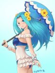  1girl aqua_hair blue_eyes fiora_(fire_emblem) fire_emblem fire_emblem:_the_blazing_blade fire_emblem_heroes flower from_side gradient gradient_background hair_flower hair_ornament highres holding holding_umbrella long_hair looking_to_the_side simple_background solo spiffydc swimsuit twitter_username umbrella 
