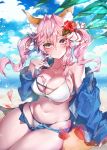  1girl animal_ear_fluff animal_ears beach bikini breasts cleavage cloud commentary commentary_request day fate/grand_order fate_(series) flower fox_ears fox_girl fox_tail hair_flower hair_ornament hibiscus kanola_u large_breasts navel ocean outdoors palm_tree pink_hair red_flower side-tie_bikini sky solo swimsuit tail tamamo_(fate)_(all) tamamo_no_mae_(fate) tree twintails water white_bikini yellow_eyes 