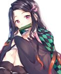  1girl black_hair checkered fingernails gag hair_ribbon hands_on_own_knees haori highres japanese_clothes kamado_nezuko kimetsu_no_yaiba long_fingernails long_hair looking_at_viewer makura_(makura0128) multicolored_hair no_bangs pink_eyes pink_nails pink_ribbon red_hair ribbon sharp_fingernails simple_background sitting solo two-tone_hair white_background 