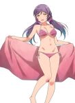  1girl bikini breasts cleavage deyuuku green_eyes hair_ornament hair_scrunchie halterneck holding holding_towel long_hair looking_at_viewer love_live! love_live!_school_idol_project medium_breasts navel open_mouth pink_bikini pink_scrunchie purple_hair scrunchie side-tie_bikini simple_background solo swimsuit toujou_nozomi towel twintails white_background 