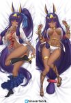  1girl alternate_costume animal_ears areola_slip areolae ass bangs belly_chain black_legwear blue_skirt blush bracelet breasts casual closed_mouth collared_shirt contemporary dakimakura dark_skin dress_shirt earrings egyptian_clothes facepaint facial_mark fate/grand_order fate_(series) hair_between_eyes hair_tubes hairband hoop_earrings jackal_ears jewelry kneehighs legs long_hair long_sleeves looking_at_viewer low-tied_long_hair medium_breasts multiple_views navel necktie nitocris_(fate/grand_order) open_clothes open_shirt plaid plaid_skirt pleated_skirt ponytail purple_eyes purple_hair shirt sidelocks skirt smile solo thighlet thighs tonee underboob usekh_collar very_long_hair white_shirt 