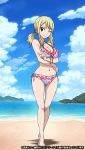  1girl ;) barefoot beach bikini blonde_hair blue_sky breasts brown_eyes cleavage closed_mouth cloud collarbone crossed_arms day earrings fairy_tail floral_print front-tie_bikini front-tie_top full_body groin jewelry long_hair looking_at_viewer lucy_heartfilia medium_breasts navel ocean official_art one_eye_closed outdoors pink_bikini print_bikini shiny shiny_skin side-tie_bikini sidelocks sky smile solo standing swimsuit tattoo thigh_gap twintails w 