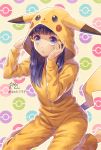  1girl barefoot blue_eyes blue_hair hair_ornament hairclip highres hikari_(pokemon) long_hair ooki1089 parted_lips pikachu_costume poke_ball_symbol pokemon pokemon_(game) pokemon_dppt shiny shiny_hair sitting solo twitter_username wariza 