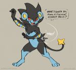  2019 ambiguous_gender anthro butt_slap dialogue english_text featureless_crotch felid fur luxray mammal mane nintendo nude pantherine pok&eacute;mon pok&eacute;mon_(species) red_sclera simple_background slap solo standing text url video_games zaush 