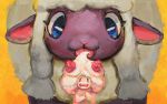  alcremie blue_eyes daria_arbuz nintendo painting pink_nose pok&eacute;mon pok&eacute;mon_(species) scared size_difference smile solo tongue tongue_out video_games wooloo 