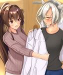  2girls alternate_costume breasts brown_hair closed_eyes commentary_request cowboy_shot denim fitting_room grey_shirt hair_between_eyes highres jeans kantai_collection large_breasts long_hair multiple_girls musashi_(kantai_collection) open_mouth pants platinum_blonde_hair ponytail red_eyes ribbed_sweater semi-rimless_eyewear shirt short_hair_with_long_locks sweater toyomi_13 twintails two_side_up white_coat yamato_(kantai_collection) 