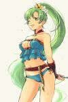  1girl blue_swimsuit breasts cleavage earrings fire_emblem fire_emblem:_the_blazing_blade fire_emblem_heroes flower green_eyes green_hair grin hair_flower hair_ornament highres jewelry long_hair lyn_(fire_emblem) misokatsuhaumai one_eye_closed ponytail simple_background smile solo swimsuit white_background 