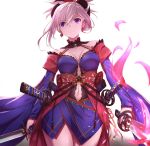  1girl breasts center_opening cowboy_shot detached_collar dual_wielding fate/grand_order fate_(series) hair_ornament highres holding long_sleeves looking_at_viewer magatama miyamoto_musashi_(fate/grand_order) navel navel_cutout pink_hair purple_eyes sakaokasan sheath sheathed simple_background solo sword updo weapon white_background 