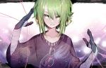  1girl bandaged_arm bandages black_shirt collarbone commentary eyewear_hang eyewear_removed glasses green_eyes green_hair gumi hands_up highres looking_at_viewer shirt short_hair_with_long_locks solo string string_around_finger t-shirt upper_body vocaloid wanaxtuco 