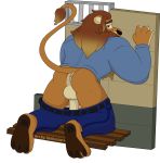  2019 alpha_channel anthro clothed clothing digital_media_(artwork) disney english_text felid feline fur hair leodore_lionheart lion male mammal muscular muscular_male notkastar pantherine pants_down partially_clothed penis presenting prison signature simple_background smile solo text zootopia 