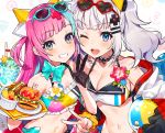  2girls aliasing aqua_eyes ball bikini blush bow breasts choker cleavage cropped drink gloves gray_hair kaguya_luna long_hair mika_pikazo navel pink_hair pinky_pop_hepburn sunglasses swim_ring swimsuit the_moon_studio twintails waifu2x wink wristwear 