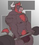  2018 anthro barbell beard big_muscles black_fur black_nipples bodily_fluids body_hair bottomwear bovid bovine bulge cattle chest_hair clothing exercise facial_hair facial_piercing fur hair hi_res horn male mammal muscular muscular_male nightterror nipples nose_piercing nose_ring orange_hair piercing pubes shorts simple_background solo standing sweat text veiny_muscles weightlifting white_horn workout zane_(coolmuffin) 