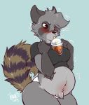  anthro belly beverage big_belly blush breasts bubble_tea clothed clothing digital_media_(artwork) drinking female hands-free_bubble_tea inuki mammal meme overweight overweight_female panties procyonid raccoon shaking shirt signature solo topwear trash_inu underwear 
