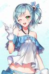  1girl ;d alternate_hairstyle aqua_background aqua_hair artist_name bang_dream! bilibili_douga blue_bow blush bow collarbone gloves green_eyes hair_bow hair_ornament halterneck highres hikawa_hina looking_at_viewer medium_hair milcona navel one_eye_closed one_side_up open_mouth play_button_(object) shirt smile solo upper_body white_gloves xiao_dianshi 