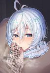  antenna_hair bar_censor blue_eyes blush censored cum dennou_shoujo_youtuber_shiro fellatio highres licking_enis looking_at_viewer open_mouth oral pov shiro_(dennou_shoujo_youtuber_shiro) suushiki tongue tongue_out virtual_youtuber white_hair 