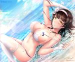  1girl arm_up armpits bangs bare_shoulders beach bikini black_hair blue_sky breasts cleavage cloud cloudy_sky day dutch_angle flower front-tie_bikini front-tie_top girls_frontline hair_flower hair_ornament hairband horizon knees_up large_breasts lens_flare long_hair looking_at_viewer lying navel ocean on_back outdoors parted_lips qbz-95_(girls_frontline) rei_kun signature sky solo stomach strap_pull sunlight swimsuit thighhighs thighs torn_bikini torn_clothes torn_legwear twitter_username very_long_hair water wet white_bikini white_flower white_hairband white_legwear yellow_eyes 
