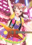  1girl ;d absurdres arm_up bang_dream! bangs blurry blurry_background brown_hair commentary_request confetti cowboy_shot electric_guitar frilled_sleeves frills guitar hair_ornament highres instrument long_hair looking_at_viewer multicolored multicolored_clothes multicolored_shirt multicolored_skirt one_eye_closed open_mouth polka_dot purple_eyes sailor_collar skirt smile solo star star_hair_ornament suspenders toyama_kasumi 