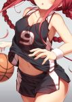  1girl ball basketball basketball_uniform black_shorts braid breasts cleavage commentary_request cowboy_shot ezoshika gradient gradient_background grey_background hair_ribbon head_out_of_frame kantai_collection kawakaze_(kantai_collection) long_hair low_twintails medium_breasts navel red_hair ribbon shorts solo sportswear twin_braids twintails very_long_hair white_wristband wristband 