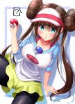 1girl ? bangs black_legwear blue_eyes blush bow breasts brown_hair collarbone double_bun eyebrows_visible_through_hair hair_between_eyes highres holding holding_poke_ball large_breasts legwear_under_shorts long_hair looking_at_viewer mei_(pokemon) mokufuu open_mouth pantyhose pink_bow poke_ball pokemon pokemon_(game) pokemon_bw2 raglan_sleeves shorts signature simple_background sitting solo speech_bubble spoken_question_mark twintails very_long_hair visor_cap 