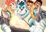  2019 accessory anthro bernard_(gyee) blue_eyes blue_hair cooking eyewear fur glasses group gyee hair headband hi_res human male mammal marusuke muscular muscular_male solo_focus tongue tongue_out ursid white_fur 