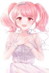  1girl :d bang_dream! bangs blush bow center_frills collarbone dress hair_bow hairband hands_on_own_chest highres lace long_sleeves looking_at_viewer maruyama_aya nacho neck_ribbon open_mouth pink_eyes pink_hair ribbon see-through_sleeves sidelocks sleeve_ribbon smile solo twintails upper_body white_bow white_dress white_neckwear white_ribbon 