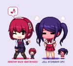  2girls bartender blush bow bowtie character_age character_name chibi closed_eyes cosplay costume_switch dorothy_haze embarrassed english_text eyebrows_visible_through_hair jill_stingray lowres multiple_girls necktie one_eye_closed pantyhose pixel_art purple_hair red_hair twintails va-11_hall-a yuyukong 
