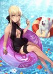  1girl animal_ears artoria_pendragon_(all) artoria_pendragon_(swimsuit_rider_alter) black_ribbon blush breasts cleavage_cutout covered_navel crossed_legs dog dog_ears fate/grand_order fate_(series) food garters highres innertube medium_breasts peperon_(peperou) petals popsicle ribbon solo water yellow_eyes 