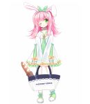  1girl ;) animal_ears bag baguette bangs blush boots bread bunny_ears closed_mouth collarbone dress eyebrows_visible_through_hair food frilled_dress frills full_body green_eyes green_footwear green_hairband green_ribbon hair_between_eyes hair_ribbon hairband holding holding_bag long_hair long_sleeves one_eye_closed original pink_hair ribbon shikito simple_background sleeves_past_wrists smile solo standing white_background white_dress wide_sleeves 