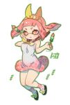  +_+ 1girl :t bandana bangs blunt_bangs commentary dango domino_mask dress eating floating food full_body green_outline hand_on_own_face holding holding_food inkling mask neckerchief pink_dress pink_eyes pink_hair pink_legwear pointy_ears sailor_collar sandals sanshoku_dango short_dress short_hair simple_background sleeveless sleeveless_dress socks solo splatoon_(series) splatoon_2 standing tentacle_hair wagashi white_background yellow_neckwear yu-ri 