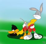  anatid anseriform avian bird bodily_fluids bugs_bunny clothed clothing cpctail cum daffy_duck duck genital_fluids grinding hi_res humanoid_penis lagomorph leporid looney_tunes male male/male mammal paws penis rabbit warner_brothers 