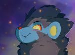  2019 black_fur blue_fur blush chest_tuft digital_media_(artwork) eyelashes felid female fluffy fur headshot_portrait hi_res looking_at_viewer luxray mammal mane metalisk nintendo outside pok&eacute;mon pok&eacute;mon_(species) portrait red_nose simple_background smile solo sparkles tuft video_games yellow_eyes 