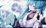  1girl blue_eyes blue_hair casual commentary earrings hair_ornament halterneck hatsune_miku highres holding_megaphone jewelry knees_up long_hair looking_at_viewer megaphone petals sitting skirt smirk solo string string_around_finger thighhighs twintails very_long_hair vocaloid wanaxtuco zoom_layer 