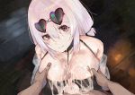  1boy 1girl azur_lane bare_shoulders bikini black_bikini blush breast_squeeze breasts choker cleavage closed_mouth collarbone commentary_request cum cum_on_body cum_on_breasts cum_on_clothes cum_on_upper_body eyebrows_visible_through_hair eyewear_on_head facial from_above hair_between_eyes head_tilt hetero highres large_breasts looking_at_viewer looking_up off_shoulder paizuri penis pov pov_hands red_eyes sheer_clothes short_hair sidelocks sirius_(azur_lane) sirius_(midsummer_seirios)_(azur_lane) smile solo_focus sunglasses suushiki swimsuit white_hair 