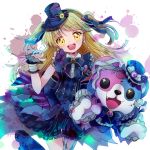  +_+ 1girl :3 :d argyle bandaged_ear bang_dream! bangs black_nails black_neckwear blonde_hair blood blood_splatter blue_ribbon blush bone_earrings boots bow brooch character_doll claw_pose dress eyeball fangs frilled_shorts frilled_sleeves frills hair_ornament hair_ribbon hat hat_bow hat_ornament heart heart_hair_ornament jewelry long_hair looking_at_viewer michelle_(bang_dream!) nail_polish neck_ribbon open_mouth patches ribbon sankaku_(wwpp) shorts smile solo star star-shaped_pupils striped striped_bow stuffed_animal stuffed_toy symbol-shaped_pupils teddy_bear tsurumaki_kokoro two_side_up vertical-striped_shorts vertical_stripes wrist_cuffs wrist_extended yellow_eyes 