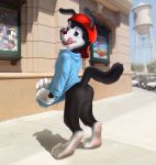  3_fingers animaniacs backwards_baseball_cap baseball_cap black_fur bottomless clothed clothing digitigrade dot_warner fingers fur gloves handwear hat headgear headwear looking_at_viewer male presenting raised_tail solo wakko_warner warner_brothers yakko_warner zen 