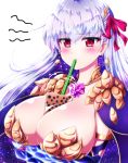  1girl between_breasts breast_hold breasts bubble_tea bubble_tea_challenge crossed_arms cup disposable_cup drinking_straw earrings fate/grand_order fate_(series) hair_ribbon highres jewelry kama_(fate/grand_order) large_breasts long_hair red_eyes ribbon silver_hair sotomichi white_background 