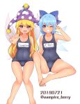  2girls arm_up artist_name ass bangs bare_arms bare_legs bare_shoulders barefoot blonde_hair blue_bow blue_eyes blue_hair blue_swimsuit bow breasts cameltoe character_name cirno clownpiece commentary_request covered_navel eyebrows_visible_through_hair fairy_wings feet_out_of_frame grin hair_between_eyes hair_bow hat highres ice ice_wings jester_cap knee_up long_hair looking_at_viewer multiple_girls name_tag one-piece_swimsuit one_eye_closed open_mouth ougi_hina polka_dot polka_dot_hat purple_eyes purple_headwear school_swimsuit short_hair sidelocks sitting small_breasts smile standing swimsuit tan thighs touhou translated twitter_username very_long_hair w wings 
