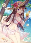  1girl ;d bangle bare_arms bare_shoulders beach bikini blush bracelet breasts brown_hair brown_headwear cleavage cloud collarbone cup day drinking_glass drinking_straw flower front-tie_bikini front-tie_top hat hat_flower hitsuki_rei holding jewelry large_breasts long_hair looking_at_viewer navel necklace ocean one_eye_closed open_mouth outdoors palm_tree purple_eyes red_flower sarong sidelocks smile snowdreams_-lost_in_winter- solo standing starfish straw_hat sunlight swimsuit thighs tree tropical_drink very_long_hair white_bikini white_flower 