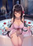  1girl azur_lane babydoll bare_shoulders bath bathtub black_hair breasts brown_eyes candle candlestand cleavage closed_mouth collarbone commentary_request cup drink drinking_glass flower glint halterneck hiei_(azur_lane) hiei_(pilgrimage_of_moonlight)_(azur_lane) highres holding holding_cup horns indoors jjeono large_breasts long_hair long_sleeves looking_at_viewer mirror navel night panties petals petals_on_liquid pillow red_flower rose sitting smile solo stomach thighs underwear very_long_hair water white_panties window wine_glass 