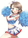  1girl :d =d absurdres alternate_hairstyle armpits bangs blue_eyes blush breasts cheering cheerleader crop_top crop_top_overhang eyebrows_visible_through_hair grey_hair hair_between_eyes hair_ornament hair_ribbon hairclip highres looking_at_viewer love_live! love_live!_sunshine!! medium_breasts midriff miniskirt one_eye_closed one_side_up open_mouth pleated_skirt pom_poms ribbon rozen5 scan short_hair side_ponytail simple_background skirt sleeveless smile solo standing standing_on_one_leg striped striped_skirt thighs v-neck watanabe_you white_background 