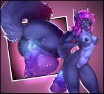  5_fingers anthro bastika black_fur canid canine canis domestic_dog female fingers fur hair mammal navel nipples penetration purple_hair pussy solo thin_waist vaginal vaginal_penetration 