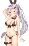  1girl ame_sagari arm_up bare_arms bare_shoulders bikini black_bikini black_neckwear blush bow bowtie breasts brown_eyes cameltoe cleavage closed_mouth collarbone cowboy_shot eyebrows_visible_through_hair five-seven_(girls_frontline) floating_hair front-tie_bikini front-tie_top girls_frontline hair_ornament hair_ribbon hairclip halter_top halterneck highres large_breasts leg_garter long_hair looking_at_viewer navel ponytail ribbon sidelocks silver_hair simple_background smile solo standing swimsuit thigh_strap thighs very_long_hair white_background yellow_eyes 